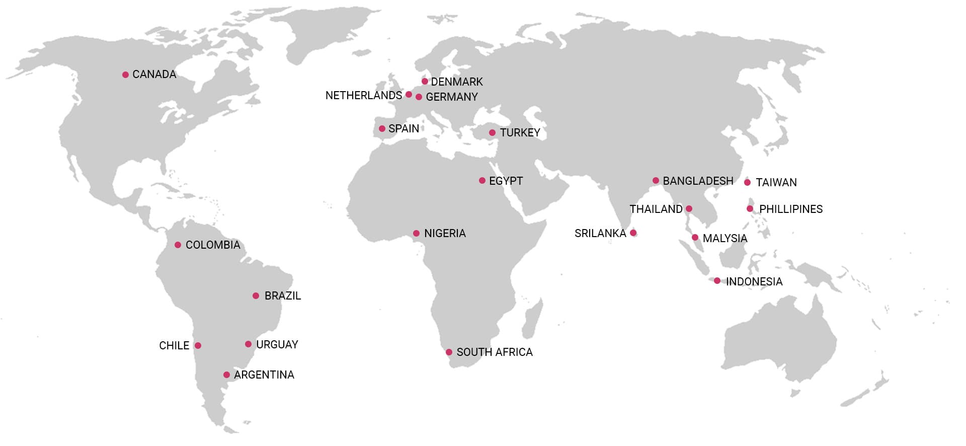 World map marking export markets including Canada, Brazil, Germany, Egypt, Nigeria, South Africa, Bangladesh, Thailand, Indonesia and the Philippines